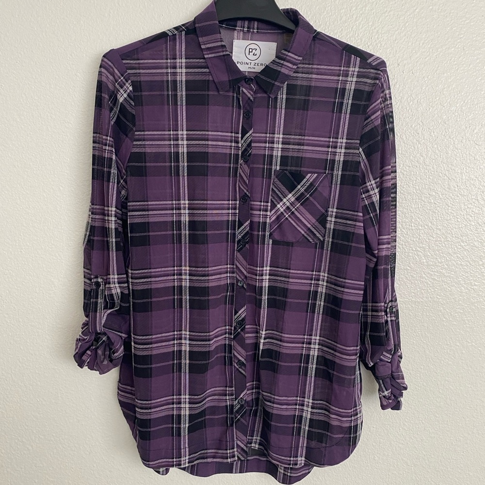 Point Zero Purple and Black 3/4 Sleeve Button Down Shirt